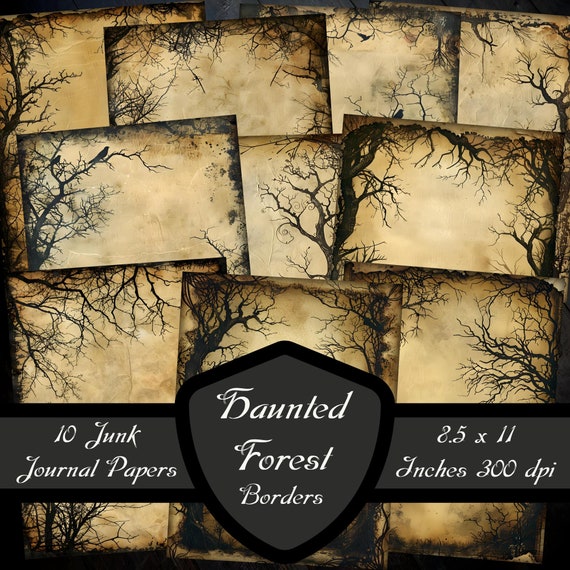 Haunted Forest Border Junk Journal Papers, Dark Dead Tree Scrapbook Pages Gothic Background Digital Download Printable Spooky Collage Sheet