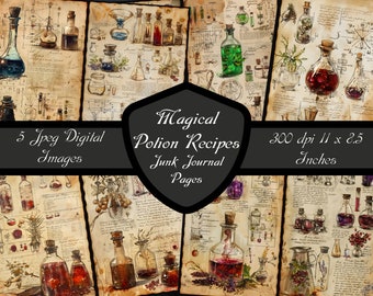 Magical Potion Recipes Junk Journal Pages, Apothecary Scrapbook Paper Printable Alchemy Digital Download Herbology Botanical Collage Sheet