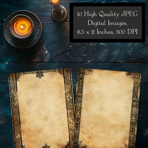 May include: Two blank parchment paper sheets with ornate black borders on a dark blue wooden background. The paper is aged and has a yellowed hue. 10 High Quality JPEG Digital Images, 8.5 x 11 Inches, 300 DPI