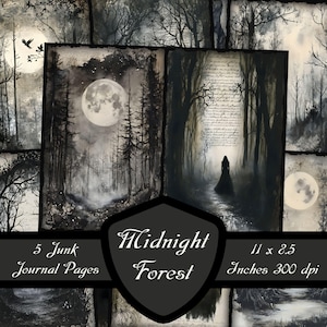 Middernacht bos ongewenste dagboekpagina's, maanverlichte bossen plakboekpapier donkere bomen digitale download gotische afdrukbare Witchy collage blad Kit