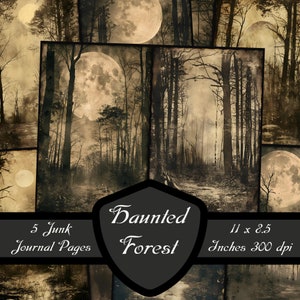 Haunted Forest ongewenste dagboekpagina's, griezelige maanverlichte bossen plakboekpapier gotische donkere fantasie collageblad afdrukbare grunge digitale download