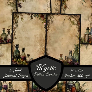 Pode incluir: Cinco páginas de diário vintage com uma borda decorativa de garrafas de poções, videiras e bagas. As páginas medem 11 x 8,5 polegadas e 300 dpi. O texto "Mystic Potion Border" está na parte inferior da imagem.