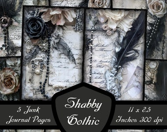 May include: A collage of five Shabby Gothic journal pages, with a vintage aesthetic. The pages are decorated with lace, feathers, pearls, and roses. The dimensions are 27.9 x 21.6 cm. The image has a resolution of 300 dpi.