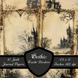 Papiers de journal indésirable frontière château gothique, Pages de scrapbooking victorien médiéval, imprimable téléchargement numérique Collage vierge Dark Fantasy Forteresse