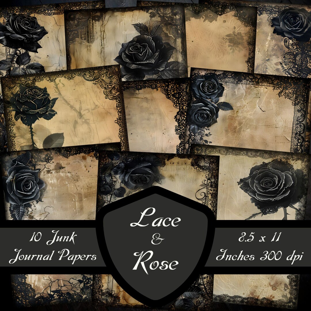Dark Lace & Rose Border Junk Journal Papers, Gothic Fabric Frame ...