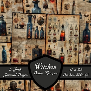 Witches Potion Recipes Junk Journal Pages, Mystic Potion Scrapbook Papers Dark Apothecary Collage Sheet Printable Digital Download Gothic