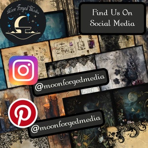 May include: A collage of images with a dark, gothic aesthetic. The images include a moon, a forest, candles, a skull, a butterfly, and a black cat. The text "Find Us On Social Media" is displayed at the top of the collage. The text "@moonforgedmedia" is displayed twice in the collage.