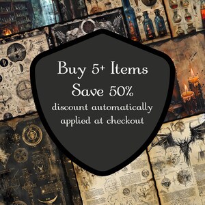 May include: A collage of vintage-style illustrations featuring alchemy, astrology, and other mystical themes. The text "Buy 5+ Items Save 50% discount automatically applied at checkout" is displayed in a black circle.