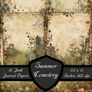 Puede incluir: Un collage digital de 10 papeles de diario vintage con un tema de cementerio de verano. Los papeles son de 8,5 x 11 pulgadas y 300 dpi. Los papeles presentan imágenes de lápidas, flores y hierba cubierta de maleza.