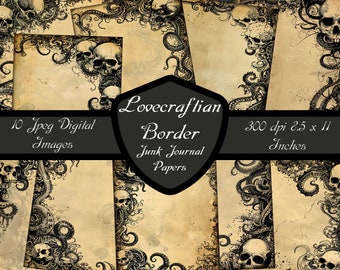 Lovecraftian Border Junk Journal Papers, Gothic Skull Tentacle Scrapbook Pages Digital Download Blank Victorian Collage Sheet Dark Printable