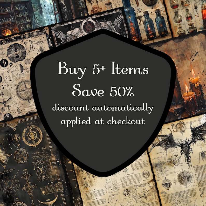 Puede incluir: Un collage de ilustraciones de estilo vintage con temas de alquimia, astrolog&iacute;a y otros temas m&iacute;sticos. El texto "Buy 5+ Items Save 50% discount automatically applied at checkout" se muestra en un c&iacute;rculo negro.