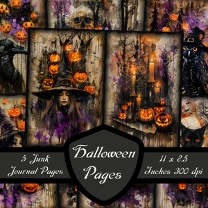 Strony dziennika śmieci na Halloween, upiorny sezon papierów do scrapbookingu, jesienna dynia, cyfrowe pobieranie, czarownica gotycka, arkusz kolażu, fantastyczna sztuka do druku