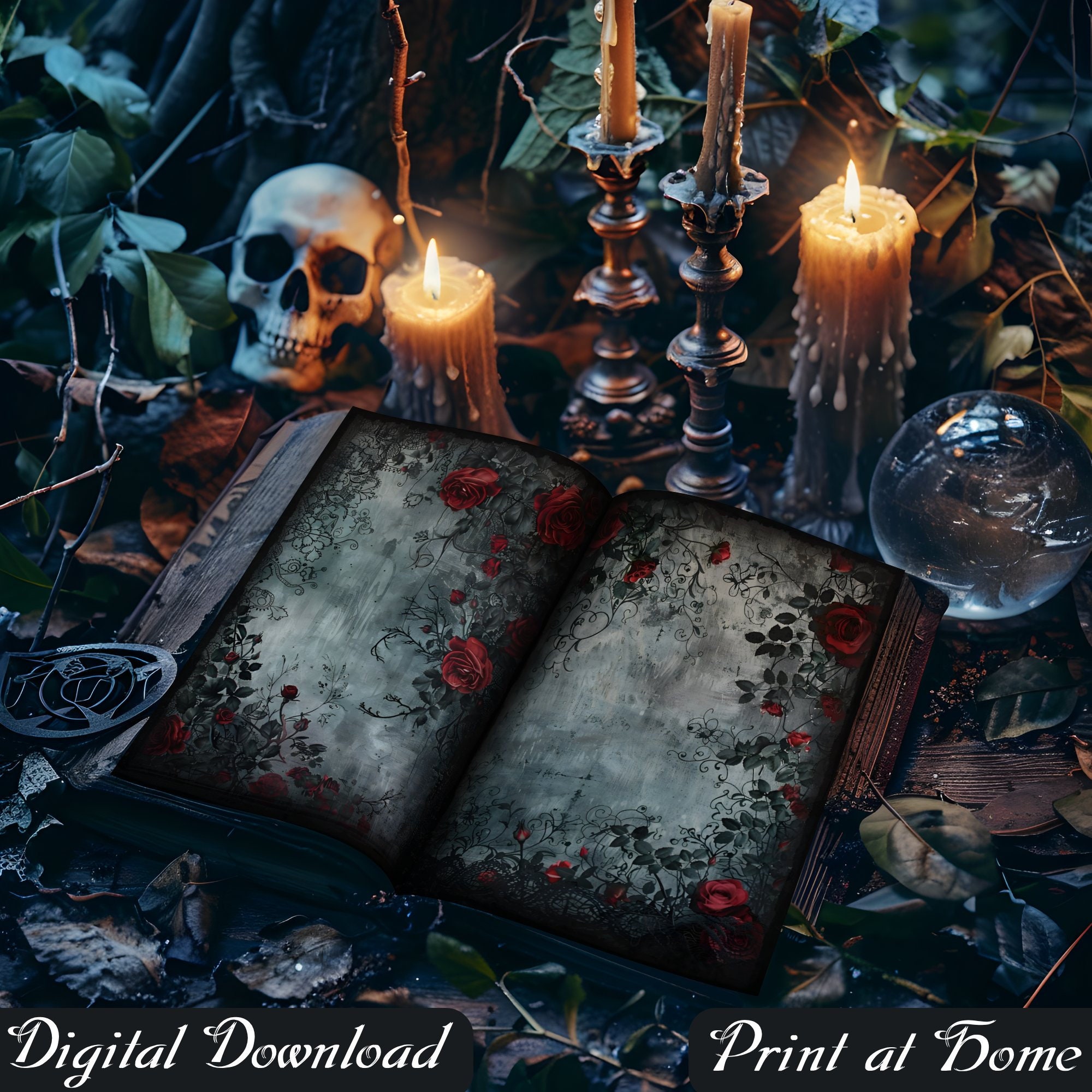 Dark Red Rose Border Junk Journal Pages, Gothic Flowers Scrapbook Paper ...