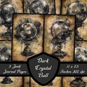 Pages de journal indésirable boule de cristal sombre, feuille de collage Tarot imprimable en téléchargement numérique divination en pierre pour scrapbooking gothique