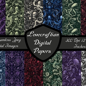 Lovecraftianska digitala papper, sömlösa kosmiska Eldritch-skräck, nedladdning av Cthulhu 12x12 utskrivbara tentakler, hav, mörk fantasi, Lovecraft-mönster