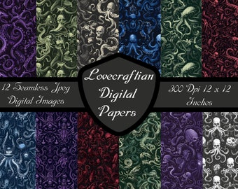 Documenti digitali lovecraftiani, Senza soluzione di continuità Cosmic Eldritch Horror Scarica Cthulhu 12x12 Tentacoli stampabili Ocean Dark Fantasy Lovecraft Pattern