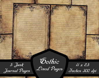 Gothic Lined Junk Journal Pages, Decorative Ruled Scrapbook Paper Victorian Writing Printable Vintage Border Collage Sheet Digital Download