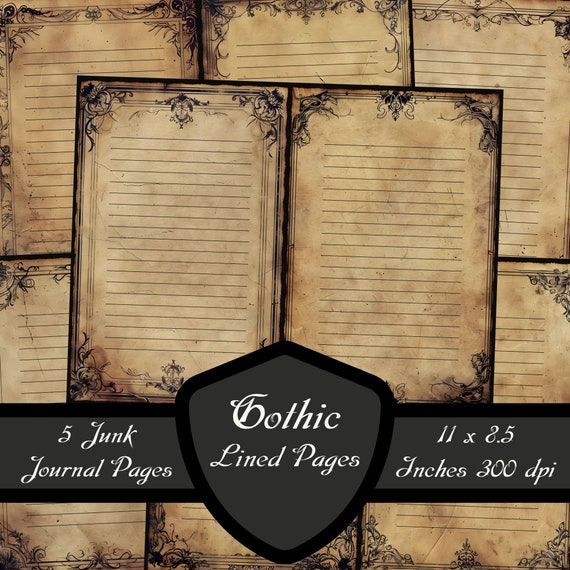 Gothic Lined Junk Journal Pages, Decorative Ruled Scrapbook Paper Victorian Writing Printable Vintage Border Collage Sheet Digital Download