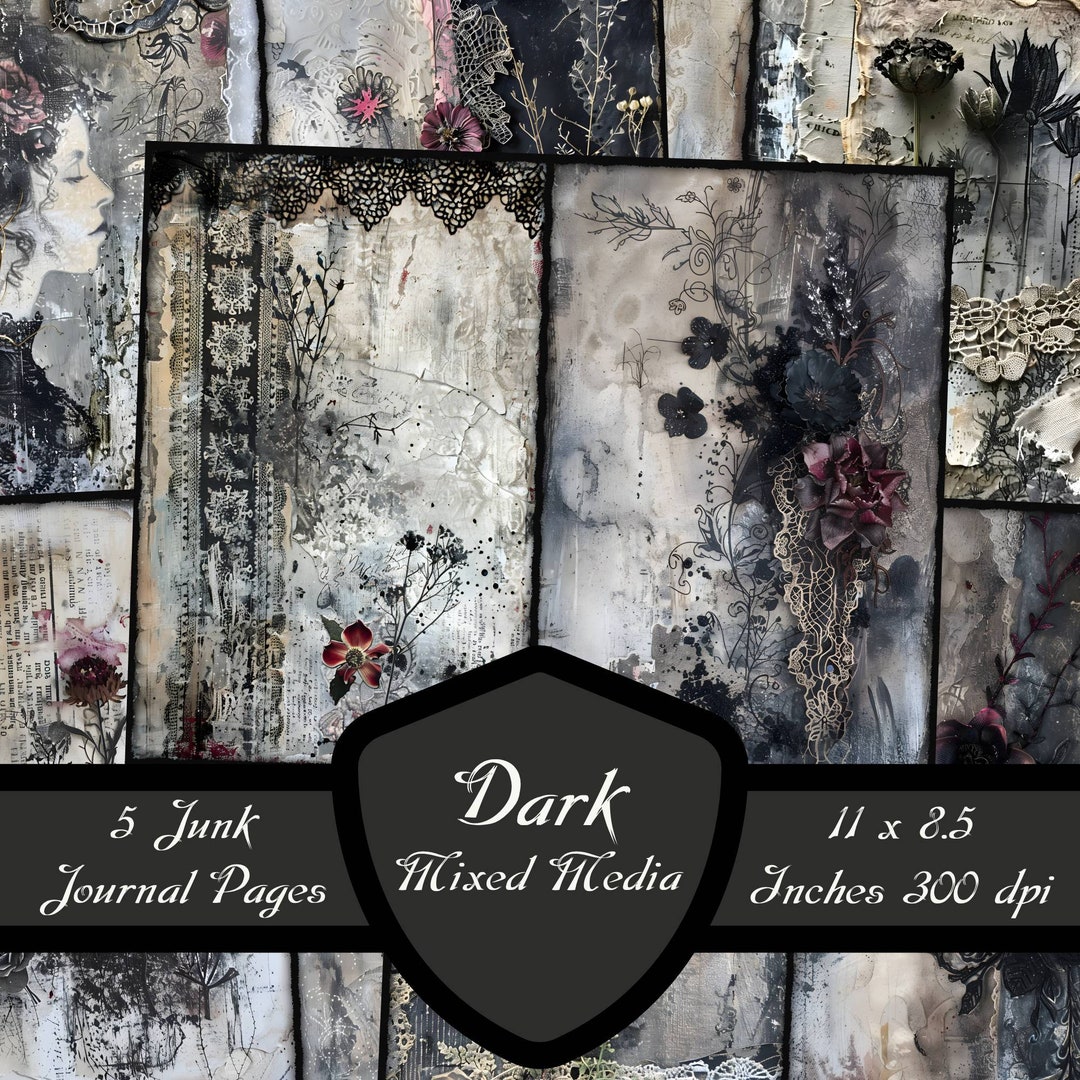 Dark Mixed Media Junk Journal Pages, Gothic Lace Fabric Scrapbook ...