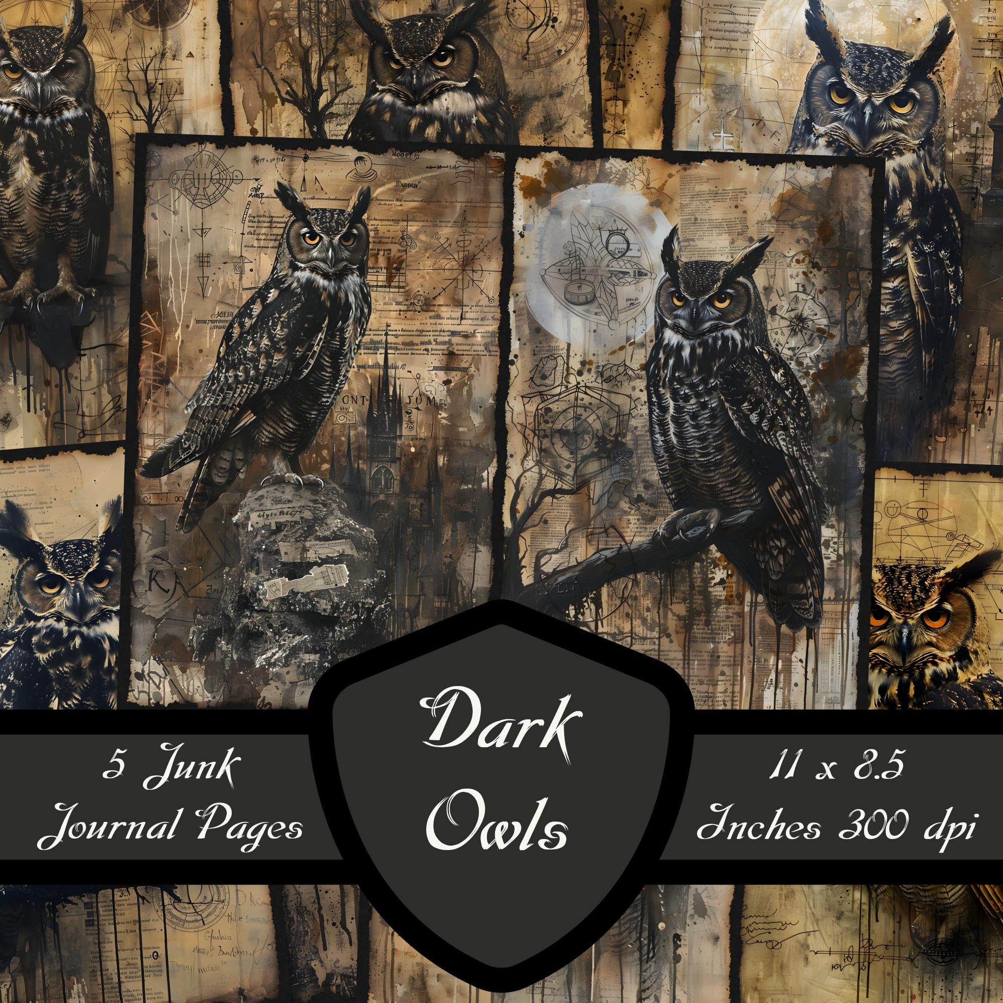 Dark Owl Junk Journal Pages, Gothic Bird Scrapbook Papers Haunted Fantasy Digital Download Grunge De