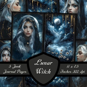 Pagine del diario spazzatura della strega lunare, carte dell'album della principessa della luna Stella celeste stampabile digitale Dark Fantasy Scarica il foglio di collage magico