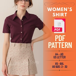 Puede incluir: Una mujer con una camisa burdeos de manga corta y una falda beige con estampado floral. La imagen incluye el texto "WOMEN'S SHIRT PDF PATTERN" y detalles de tallas: XS-6XL, US SIZE: 2-32.