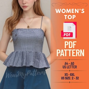 May include: A blue and white gingham top with thin straps and a peplum hem. The image also features a PDF pattern for the top, with sizing from XS to 6XL, and US sizes 2-32. The text on the image says "Women's Top" and "PDF Pattern".