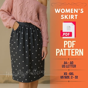 Cottagecore Midi Skirt Sewing Pattern PDF: Gathered Linen Skirt with Pockets (XS-6XL, A0/A4/US Letter)