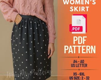 Patrón de costura de falda midi estilo cottagecore (PDF): Falda de lino fruncida con bolsillos (XS-6XL, A0/A4/Carta EE. UU.)