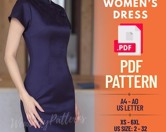 May include: A navy blue dress with a mandarin collar and cap sleeves. The dress is a PDF pattern, with the text "WOMEN'S DRESS" and "PDF PATTERN". The pattern includes sizes XS-6XL, US sizes 2-32, and A4-AO US Letter.