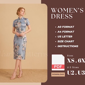 Könnte beinhalten: Ein hellblaues Kleid mit Blumenmuster, kurzen Ärmeln und Stehkragen. Der Text lautet: WOMEN'S DRESS, A0 FORMAT, A4 FORMAT, US LETTER, SIZE CHART, INSTRUCTIONS, SIZES XS-6XL, U.S SIZES U2-U32, PDF, DOWNLOAD und Wear Patterns.