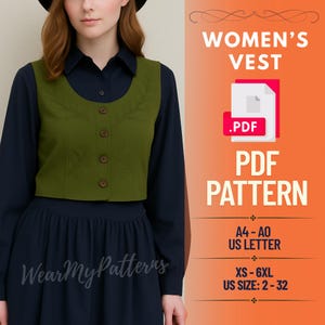 Embroidered Button Vest Sewing Pattern PDF | Layering Top for Women | Instant Download | Sizes XS–6XL (US 2–30)