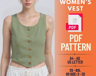 Patrón de costura de chaleco con botones delanteros (PDF): Top corto para mujer, tallas XS-6XL (Descarga digital)