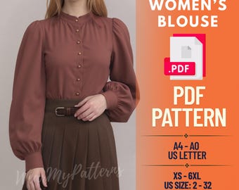 Bishop Sleeve Blouse Sewing Pattern – Victorian Button-Up Top (PDF Pattern)