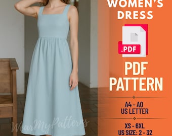 Patrón de costura para vestido midi de escote cuadrado (PDF): estilo cottagecore de verano (tallas XS-6XL)
