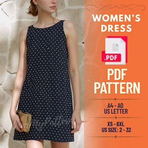 May include: A sleeveless navy blue dress with white polka dots. The dress is knee-length and has a round neckline. The image also includes text that says "WOMEN'S DRESS", ".PDF PDF PATTERN", and size information.