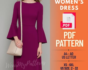 Molde de vestido longo com manga sino em PDF: Vestido elegante em corte A (tamanhos XS–6XL) (download instantâneo)