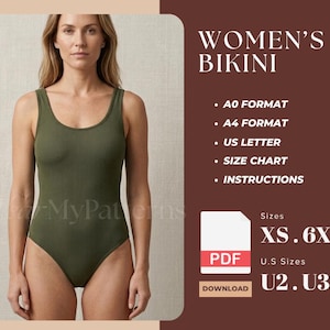 May include: A ribbed olive green one-piece bikini with a scoop neckline. The text reads: BIKINI, A0 FORMAT, A4 FORMAT, US LETTER, SIZE CHART, INSTRUCTIONS, SIZES XS-6XL, U.S SIZES U2-U32, PDF, DOWNLOAD. The pattern is available in multiple formats.