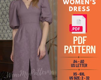 Puff Sleeve Midi Dress Sewing Pattern | Vintage Style, Plus Size (PDF Pattern)