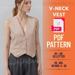 Kurze Weste mit V-Ausschnitt Schnittmuster: Anfänger DIY-Weste (PDF-Download, XS-6XL)