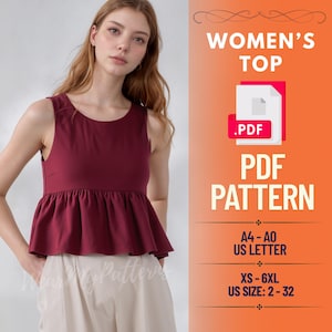 Ruffle Crop Top Sewing Pattern PDF | Peplum Sleeveless Top for Women | Minimalist Summer Blouse | A0, A4, US Letter | XS–6XL