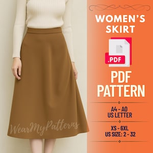 A-Line Skirt Sewing Pattern PDF | Flared Midi Skirt for Women | XS–6XL, Instant Download