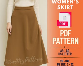 Patrón de costura de falda evasé en PDF / Falda midi acampanada para mujer (tallas XS-6XL, descarga instantánea)