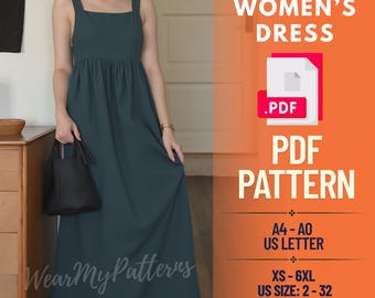 May include: A teal-colored dress with a square neckline and wide straps. The dress is floor-length and has a gathered waist. The image includes text that reads "WOMEN'S DRESS .PDF PDF PATTERN" and "WearMyPatterns". The pattern sizes range from XS to 6XL, US sizes 2-32.