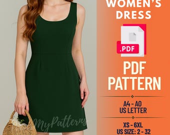 Patrón de costura para vestido sin mangas con escote redondo (PDF): Vestido mini ajustado (XS-6XL)