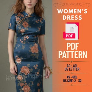 Floral Cheongsam Sewing Pattern PDF | Fitted Qipao Dress with Mandarin Collar | Instant Download | Bonus Blouse | Bonus Blouse Included