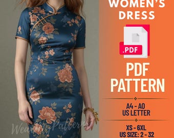 May include: A teal satin dress with a floral pattern, short sleeves, and a mandarin collar. The dress features a side slit and is a PDF pattern. The image also includes the text "WOMEN'S DRESS" and size information.