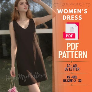 V-Neck Sleeveless Shift Dress Sewing Pattern PDF: XS-6XL (Digital Download)