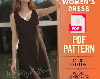 V-Neck Sleeveless Shift Dress Sewing Pattern PDF: XS-6XL (Digital Download)
