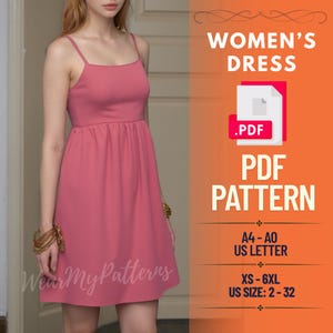 Op de afbeelding: Een roze jurk met dunne bandjes en een gerimpelde taille. De afbeelding bevat de tekst "WOMEN'S DRESS .PDF PDF PATTERN" en maat informatie. De jurk is een PDF-patroon verkrijgbaar in maten XS-6XL, US maat 2-32.